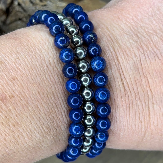 Hanukkah Stack 6mm Blue Lapis Lazuli and Silver bead bracelets