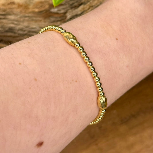 14K Yellow Gold Filled FOREVER Bead Bracelet 3mm 4mmx11mm oval pod striated station NOT cheap gold plated